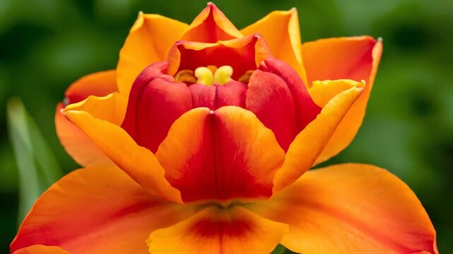 Close-up of a Vibrant Orange and Yellow Tulip Bud Blooming in a Spring Garden