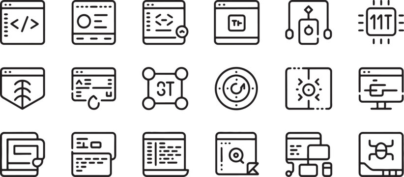 Computer Network Icons Set with Browser Windows, Server Shield, Globe, and Data Dashboard Ui Line Art