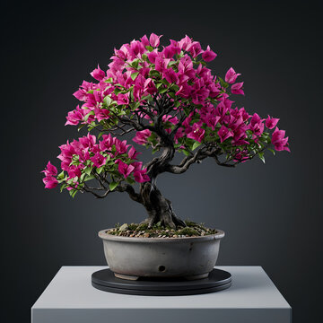 Pink Blossom Bonsai Tree in Pot on Pedestal.