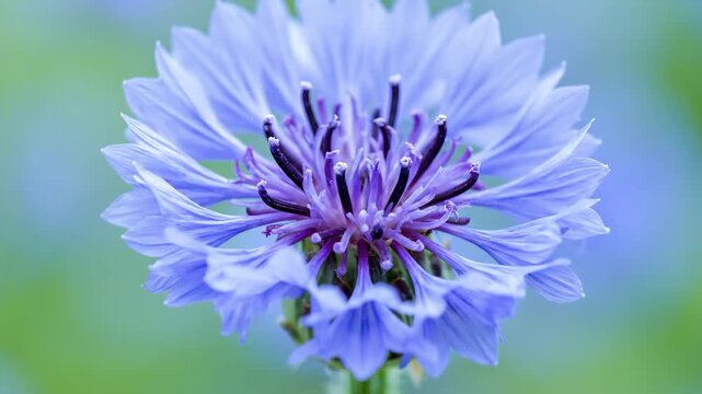Macro Close-up of a Beautiful Blue Flower Bud Opening in a Summer Garden with Soft Bokeh Background