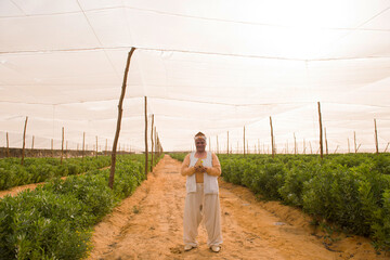 Fototapeta premium Middle Eastern woman farmer in traditional white work clothing stands confidently holding woven harvest basket overhead under protective white shade