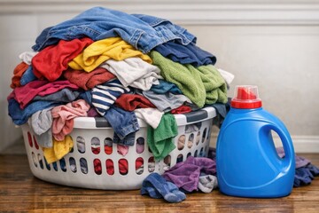 Naklejka premium A laundry basket filled with clothes and a bottle of detergent, perfect for everyday use or as a prop in lifestyle photography