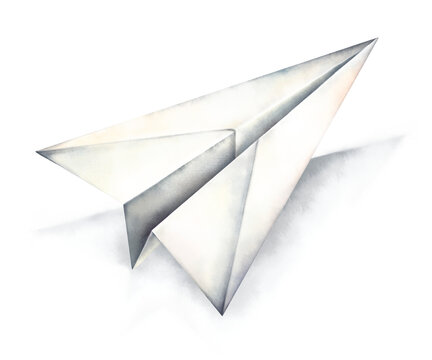 Delicate watercolor hand drawn paper airplane origami with soft shadow isolated on white background. Minimalist clean simple illustration conveying childhood, creativity, leadership. Nursery decor