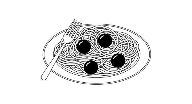 Spaghetti with olives and fork black and white silhouette pasta