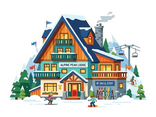 Naklejka premium Winter mountain lodge with skiers and snowboarders outdoor activity