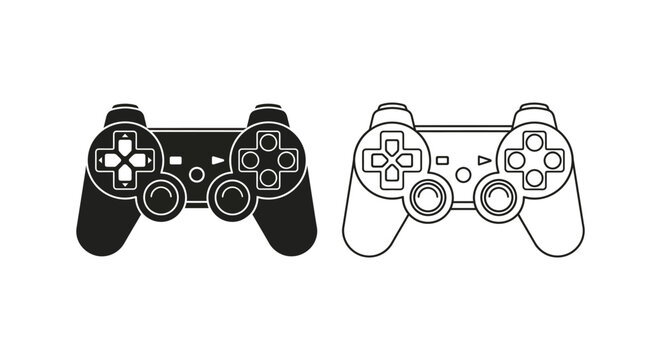 Video game controller icon set representing gaming and entertainment in outline and solid variations