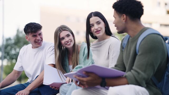 Group of young university students sitting together outdoors. Friends studying, discussing, and collaborating on a project