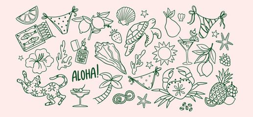 Aloha tropical beach vibe, summer sea shell icons, tropical island holiday pattern, summer tropical beach design, exotic beach holiday background, tropical beach icons, creative aloha pattern, artisti © Geetaroy