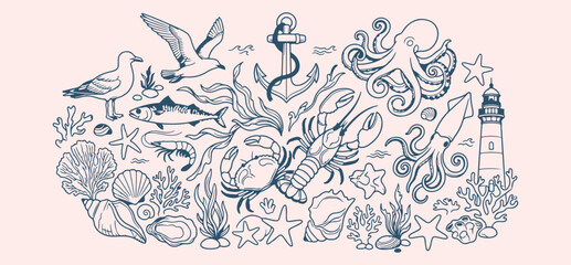 Naklejka premium Ocean sea marine life, underwater creature beach icons, artistic sea life pattern, marine animal ocean design, wild ocean life background, sea creature beach icons, creative marine life pattern, artis