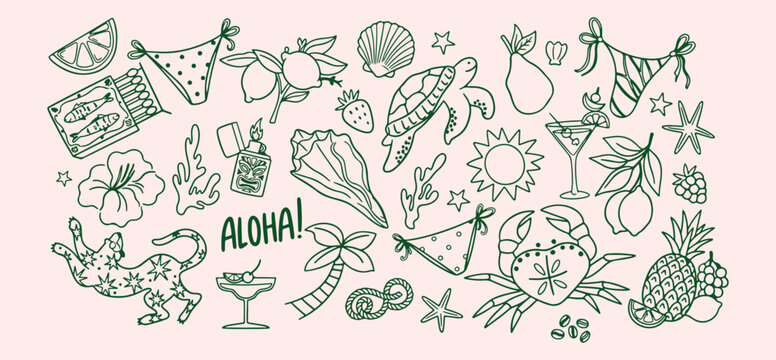 Aloha tropical beach vibe, summer sea shell icons, tropical island holiday pattern, summer tropical beach design, exotic beach holiday background, tropical beach icons, creative aloha pattern, artisti
