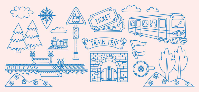 Train travel trip journey, railway transportation commute icons, vintage train trip pattern, travel adventure railway design, scenic train trip background, railway travel icons, creative train trip pa