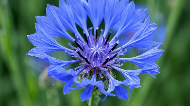 Macro close-up of a blue cornflower bud opening in a summer meadow.