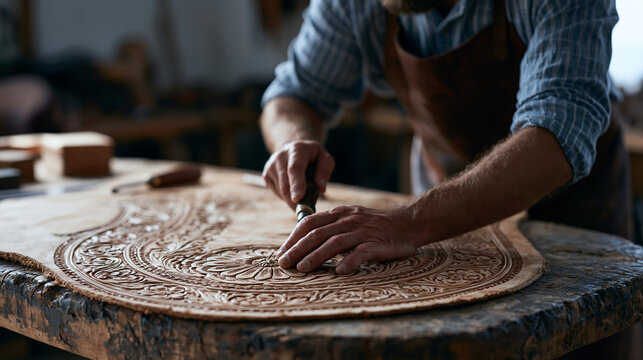 Master saddler stamps a decorative floral border into a half-finished leather saddle skirt using a swivel knife and beveler, close-up of intricate tooling work in progress,