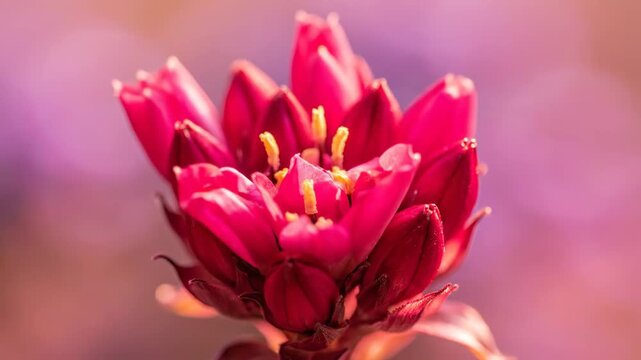 Macro Shot of Deep Red Succulent Flower Buds with Soft Pink Bokeh Background