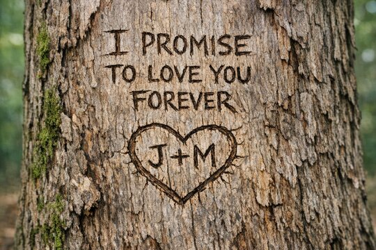 A heart carved into a tree trunk with the words 'promise to love you forever'