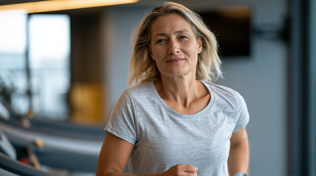 Masters runner in her fifties doing a slow controlled zone 2 cardio treadmill session in an upscale fitness club, heart rate monitor syncing to a wall-mounted display, methodical