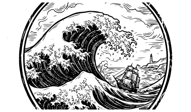 Hand Drawn Ocean Wave Vintage Engraving Circular Badge Vector Illustration