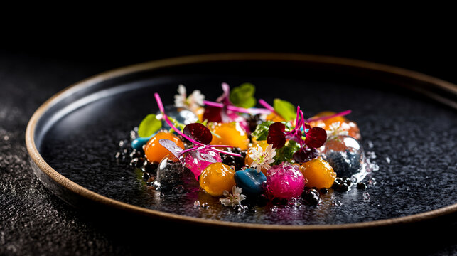 Modern Molecular Gastronomy Creation in Luxury Restaurant Setting
