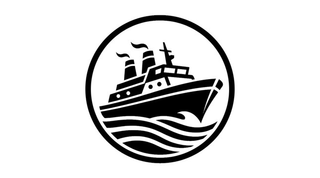 Black and white ship icon graphic.