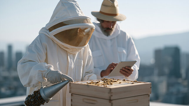 Beekeeper in mesh veil uses a smoker to calm a rooftop hive while a colleague records colony health data on a tablet, urban agriculture research team, commercial building rooftop