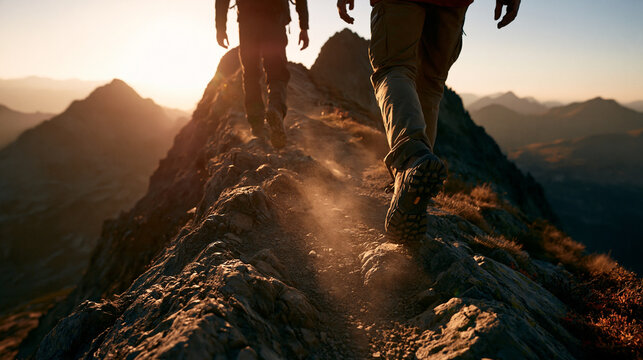 Hikers Trekking Along Alpine Ridge During Golden Hour Adventure
