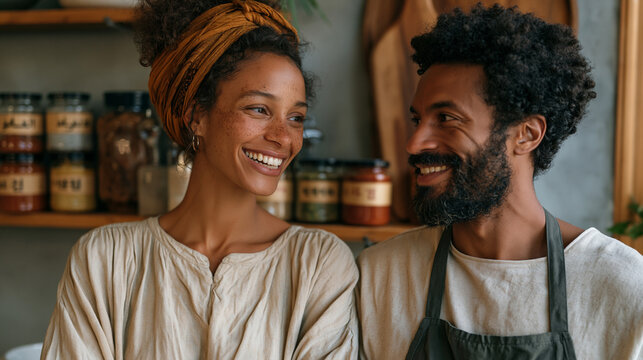 Interracial couple cooking together in a cramped urban apartment kitchen, multiple spice jars labeled in Arabic and Korean, laughter mid-conversation, multicultural household,