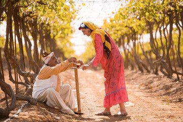 Obraz premium Authentic moment of Middle Eastern woman in vibrant traditional clothing serving tea to elderly man resting with walking stick on rural dirt path