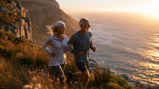 Active Senior Couple Running Along Coastal Cliffs at Sunrise