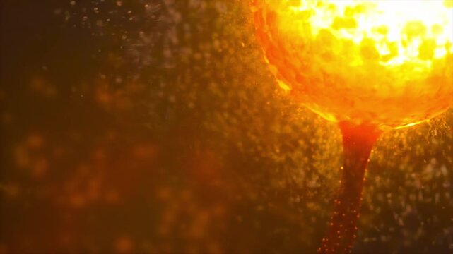 Healthy cell regenerating macro view under golden glow, particles and organic texture for regenerative medicine, cellular healing, biotech research, wellness science, and medical education material