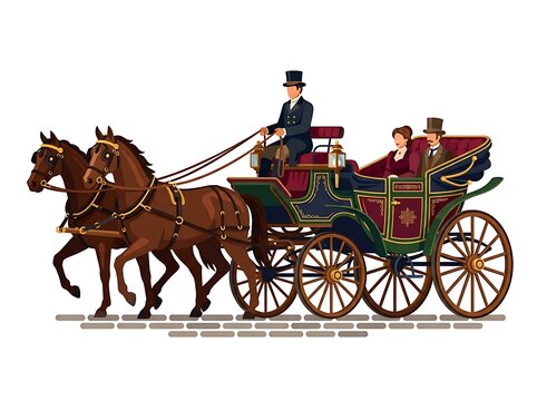 Horse drawn carriage with passengers and driver