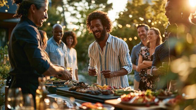 Friends Enjoying Outdoor Cookout in Contemporary Garden Setting