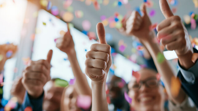Team Celebration with Thumbs Up Gesture and Colorful Confetti