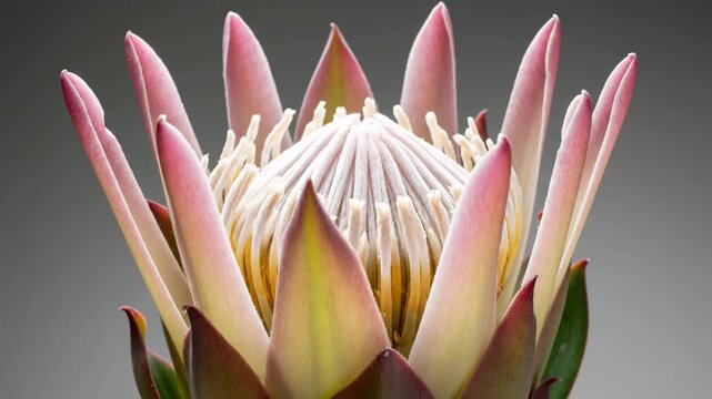 Macro Close-up of a Pink King Protea Flower Bud Against a Neutral Background