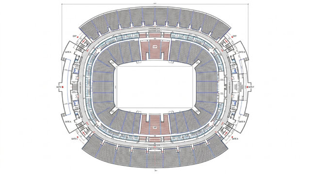 Professional Arena Seating Chart Layout with Section Numbers and Color Tiers CAD Vector Template