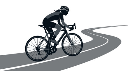 Naklejka premium Silhouette cyclist riding uphill on curving road, vector illustration
