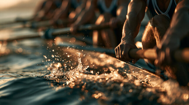 Elite Rowing Team Synchronizing Perfectly During Competitive Training