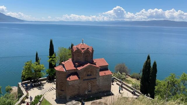 Scenic Panorama of Ancient Church overlooking Beautiful Lake Ohrid in the Balkans