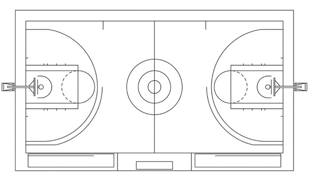 Basketball Court Technical Plan View Layout with Benches and Hoops Vector CAD Drafting Template