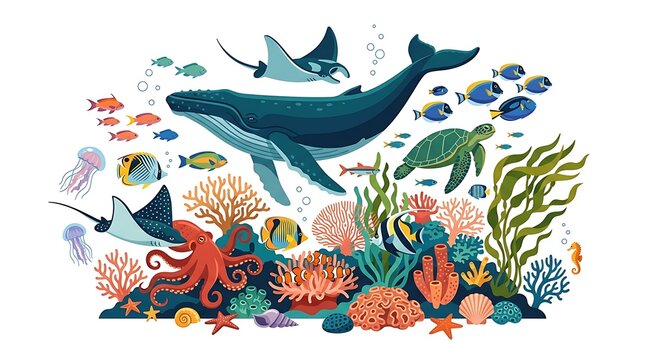 Diverse marine life and coral reef illustration