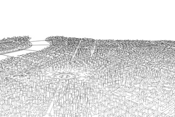 Black and white contour drawing of city skyline with towering skyscrapers and clustered buildings. © German Ovchinnikov