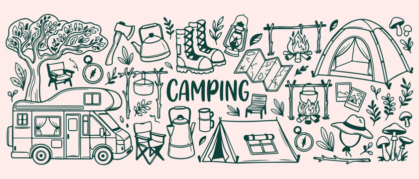 Camping adventure outdoor trip, forest hiking activity theme, wild nature camping pattern, camping fire travel icons, outdoor exploration lifestyle design, active hiking adventure background, wild nat