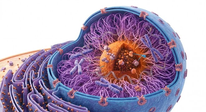 Detailed Human Cell Nucleus Cross Section with Nuclear Envelope, Chromatin, Nucleolus and Nuclear Pores Scientific Biology Illustration