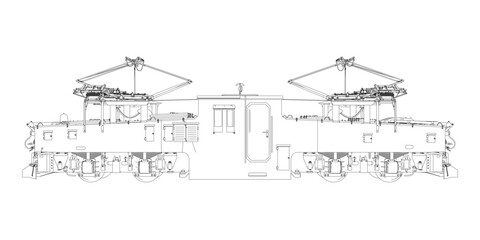 Detailed contour drawing of a locomotive train engine on a white background, showing transmission and mechanical components. © German Ovchinnikov