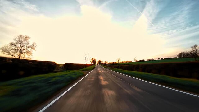 Traveling on narrow country road between green fields at sunset, rural driving journey first person view. Empty asphalt lane stretching across rolling hills under soft evening sky, road trip driving