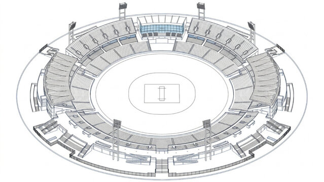3D Isometric Cricket Stadium Floor Plan with Pitch and Floodlight Towers CAD Vector Layout