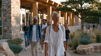 Fototapeta premium Corporate wellness consultant leading walking meeting loop around building exterior with burned-out sales team, step count discussion, movement at work, outdoor wellness program,