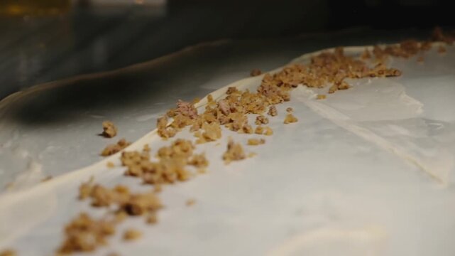 Close-up footage of savory filling spread in a long line over thin yufka dough during b&ouml;rek preparation, showing handmade Turkish pastry craft, fresh ingredients and traditional kitchen work.