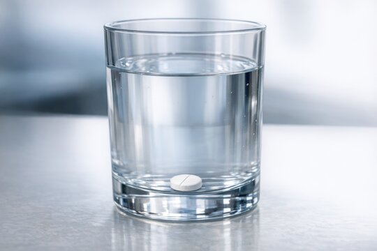 A pill placed in a glass of water on a table, suitable for medical or pharmaceutical use