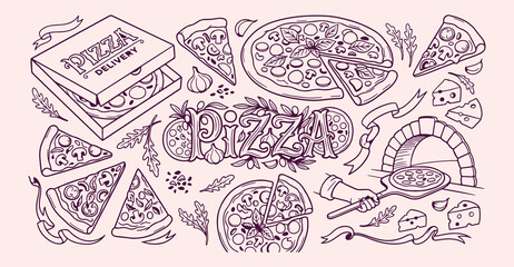Delicious pizza slice pattern, traditional italian food icons, savory pizzeria meal design, authentic pizza delivery theme, tasty fast food sketches, crusty pizza dough art, gourmet pizza restaurant b © Geetaroy