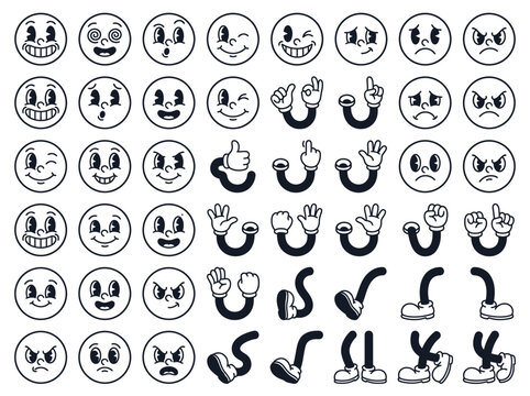 Retro Rubber Hose Cartoon Character Creator Kit with Vintage Faces, Hands, and Legs